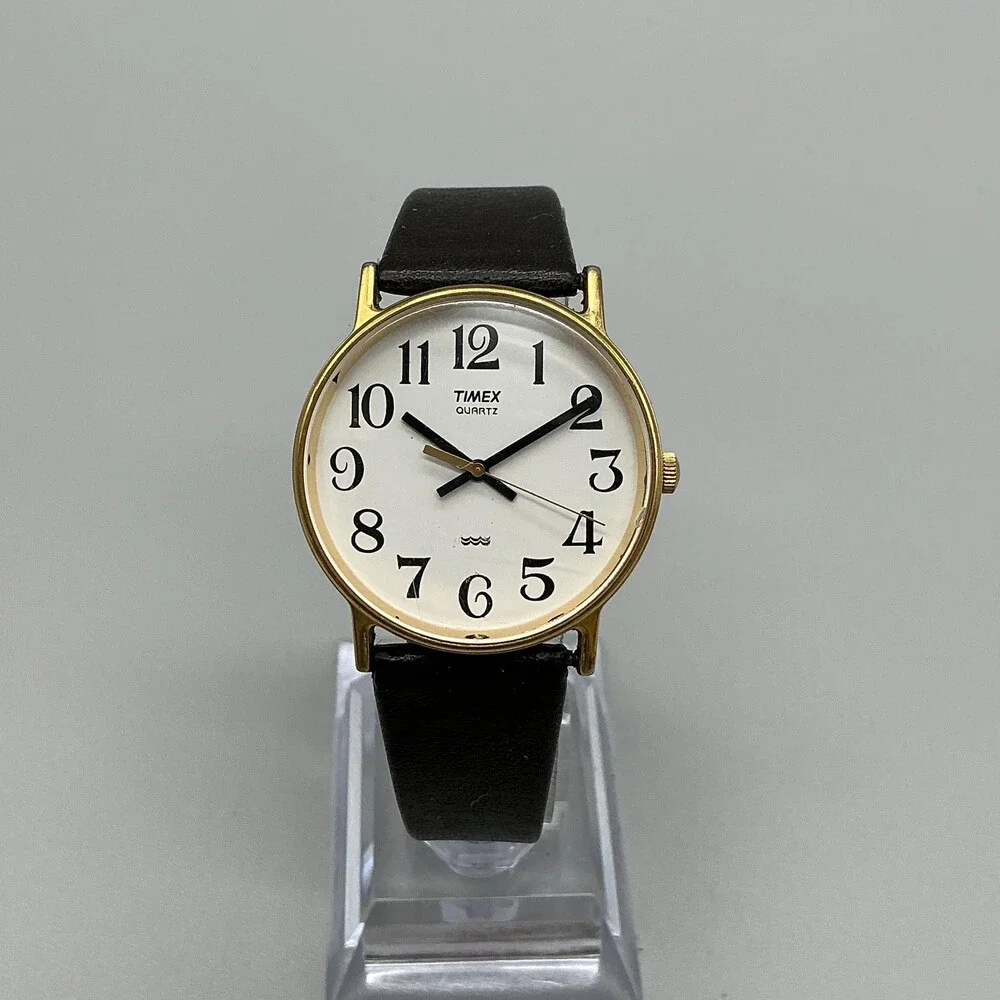 Vintage Timex Mens Watch 32mm White Dial Gold Tone Black Leather New Battery